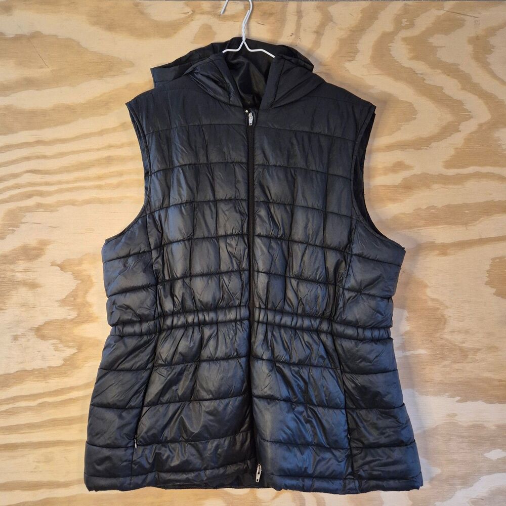 Swiss Tech Womens Plus Size 1X Black Hooded Puffer Vest Quilted Full Zip